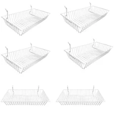 6 Pc White Slatwall Gridwall Pegboard Shallow Basket Display Rack 24x12x4