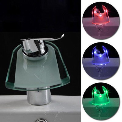 Bathroom Single Hole Faucet Led Light Up Glass Lavatory Waterfall