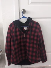 LL Bean Womens Buffalo Plaid Fleece Jacket Size M Hooded Lumberjack Cabincore