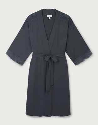 BNWT The White Company Lace Trim Jersey Robe Sz Medium, Smoke Grey