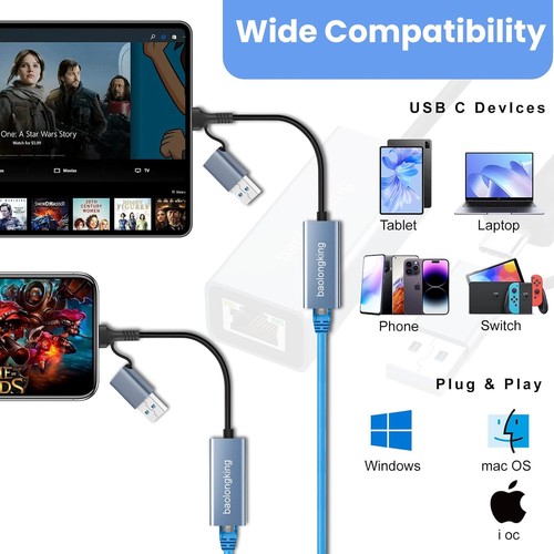 USB 3.0 zu Ethernet Adapter mit USB C zu RJ45 Gigabit LAN 1000Mbps Kabelgebunden - Bild 4 von 7