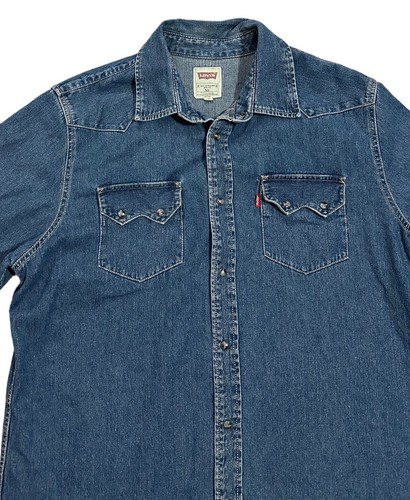 Levis Denim Metal Snap Western Shirt Men XL Red Tab Long Sleeve Grunge Trucker - Picture 2 of 10
