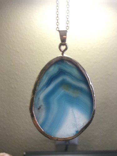 Rare Natural Teal Agate Slice Druzy Quartz Drusy Stone Pendant Gold Necklace NEW - Picture 7 of 8