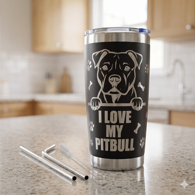 20 oz Pit Bull Laser Engraved Stainless Steel Tumbler Black w/ Lid