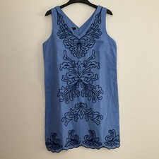 Talbots Dress Linen Blend Blue Embroidered Size 12 Sleeveless