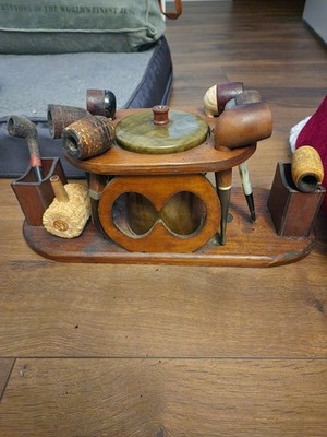 Vintage 6 Pipe wood smoking  holder with pipes And Center Container 