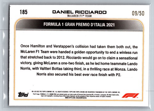Daniel Ricciardo 2022 Topps Chrome F1 #185 Gold Checker Flag X-Fractor 09/50 - Picture 2 of 2