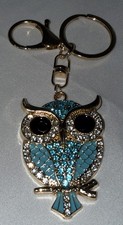 Blue Rhinestone Owl Key Chain Bag Charm Purse Charm Gold Tone 1