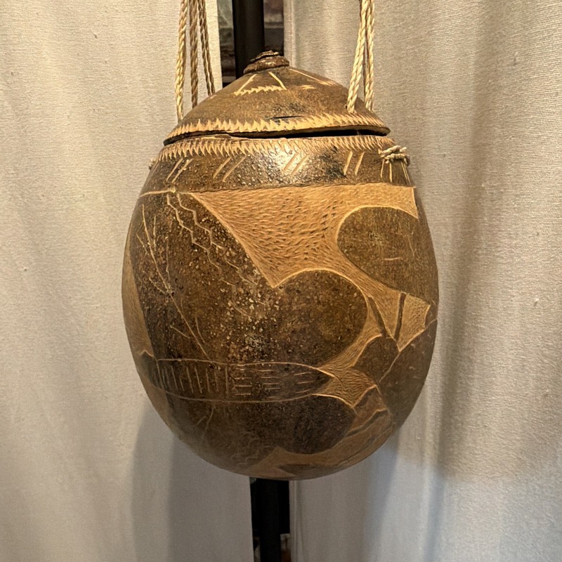 1999 Huallus Peruvian Handmade Hand-Carved Hanging Gourd, Etched Bird