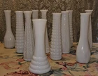 11 Vintage Milk Glass Bud Vases 7 different patterns 10 are 9 Inches high