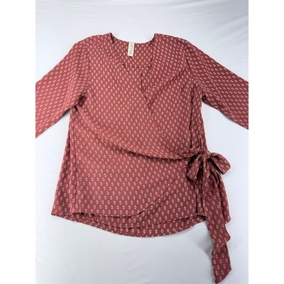 Allison Joy Women Rust Geometric Diamond Print 3/4 Sleeve Wrap Blouse Small