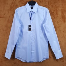 HUGO BOSS Shirt Mens Size 15 Solid Blue Button Up Floral Contrast HANK KENT 158