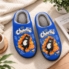 Custom Name Black Cat Orange Slippers Personalized Cute Cozy Fleece House Shoes