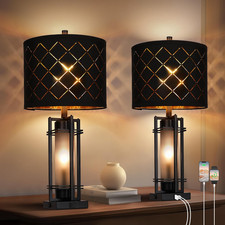 Modern Table Lamp Set of 2, Nightstand Lamps with Black Grid Shade, Bedside Lamp