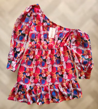 Missguided Pink Floral Retro One Shoulder Mini Dress Size 14 BNWT