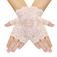 Short Lace Gloves 80s Opera Evening Wedding Sunblock Fingerless Beige Floral