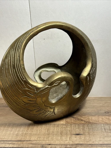 Vintage Solid Brass Art Deco /Hollywood Regency Style 7"x6" Swan Planter Basket