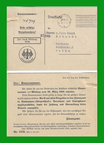 1928 Drucksache - Finanzamt Gotha - "Frei durch Ablösung" - post. gelauf.