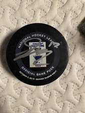 Jaden Schwartz autographed signed 2019 banner game puck 