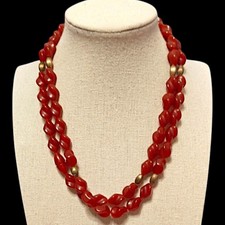 VTG Red Twisted Beads Gold Tone Retro Glam Statement Necklace 32" Doubled Over