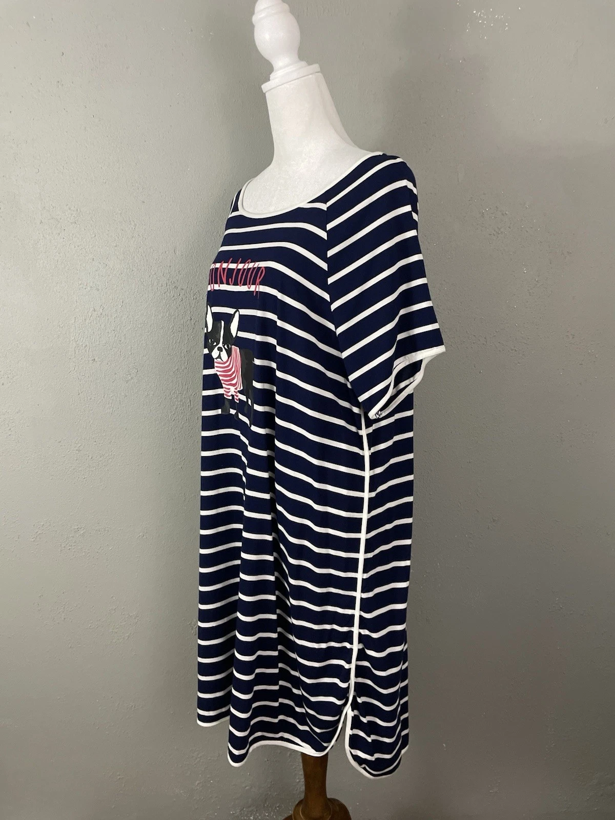 Camicia da notte Kate Spade maglia XL donna pigiama blu righe cane Paris Bonjour