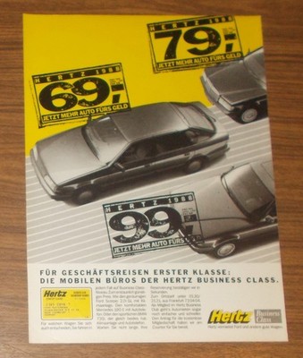 Rare Advertising Hertz Aufover Rental BMW 730i Mercedes 190 E Ford Scorpio 1988