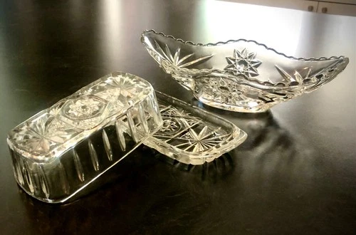 Vintage Anchor Hocking Clear Pressed Cut Glass Covered Butter Dish & Relish dish
