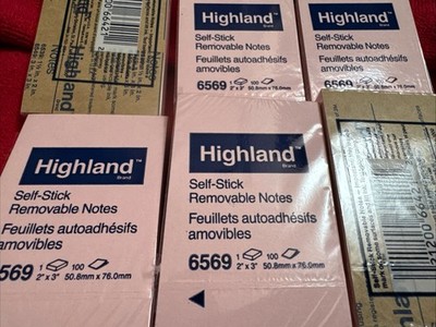 Lot Of 6 Pad Highland Self-Stick Removable Notes 2X3  6569 Pink Total 600 Sheets