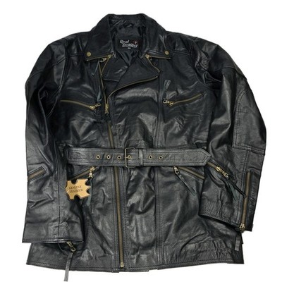 Real Leather Jacket Large Black Cafe Racer Moto Biker Zip Stand Collar Classic