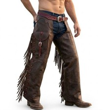 Men Western Wear Vintage Cowboy Chap Fringes Suede Leather Pant Riding Chaps