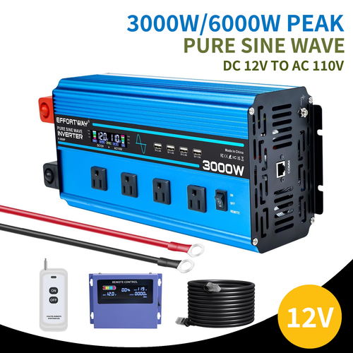 3000W 6000W Pure Sine Wave Power Inverter 12V to 110V Converter Remote ...