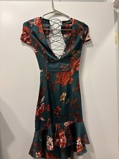 PRETTYLITTLETHING Emerald Green Floral Criss Cross Back Bodycon Dress 6