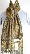 Pashmina Scarf Shawl Wrap Paisley.Black Gold Silk Cashmere:Trendy Soft