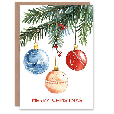 Drei Kugeln hängen am Baum Aquarell Weihnachtsgrußkarte