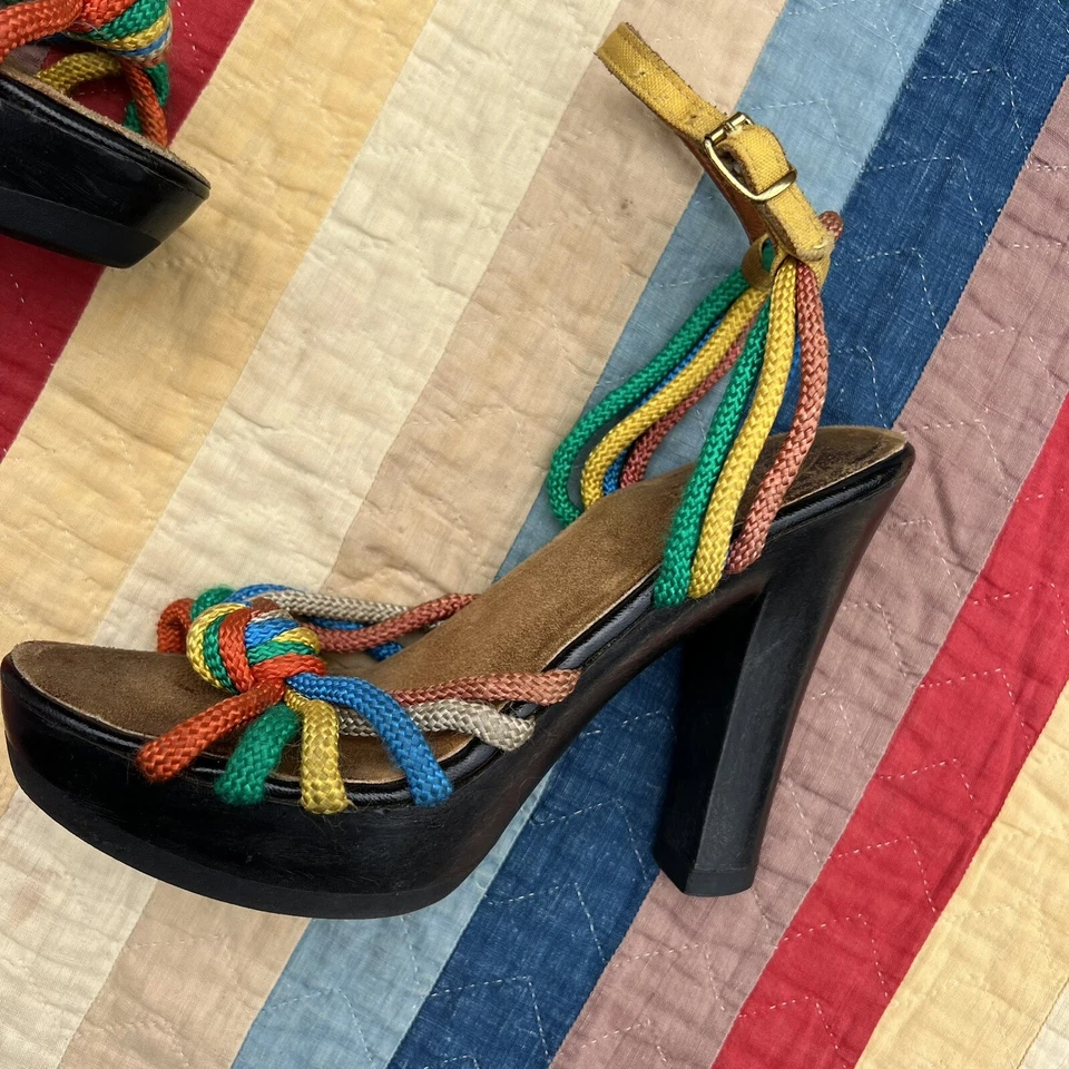 Vintage 1970s Colorful Rayon Strap Pump OpenToed Shoes High Heels Rainbow Sbicca - Image 3 of 4