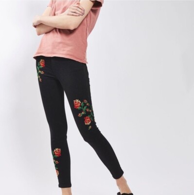 TopShop Moto Jamie Floral Embroidered Black High Waist Stretch Jeans Size 25 NEW