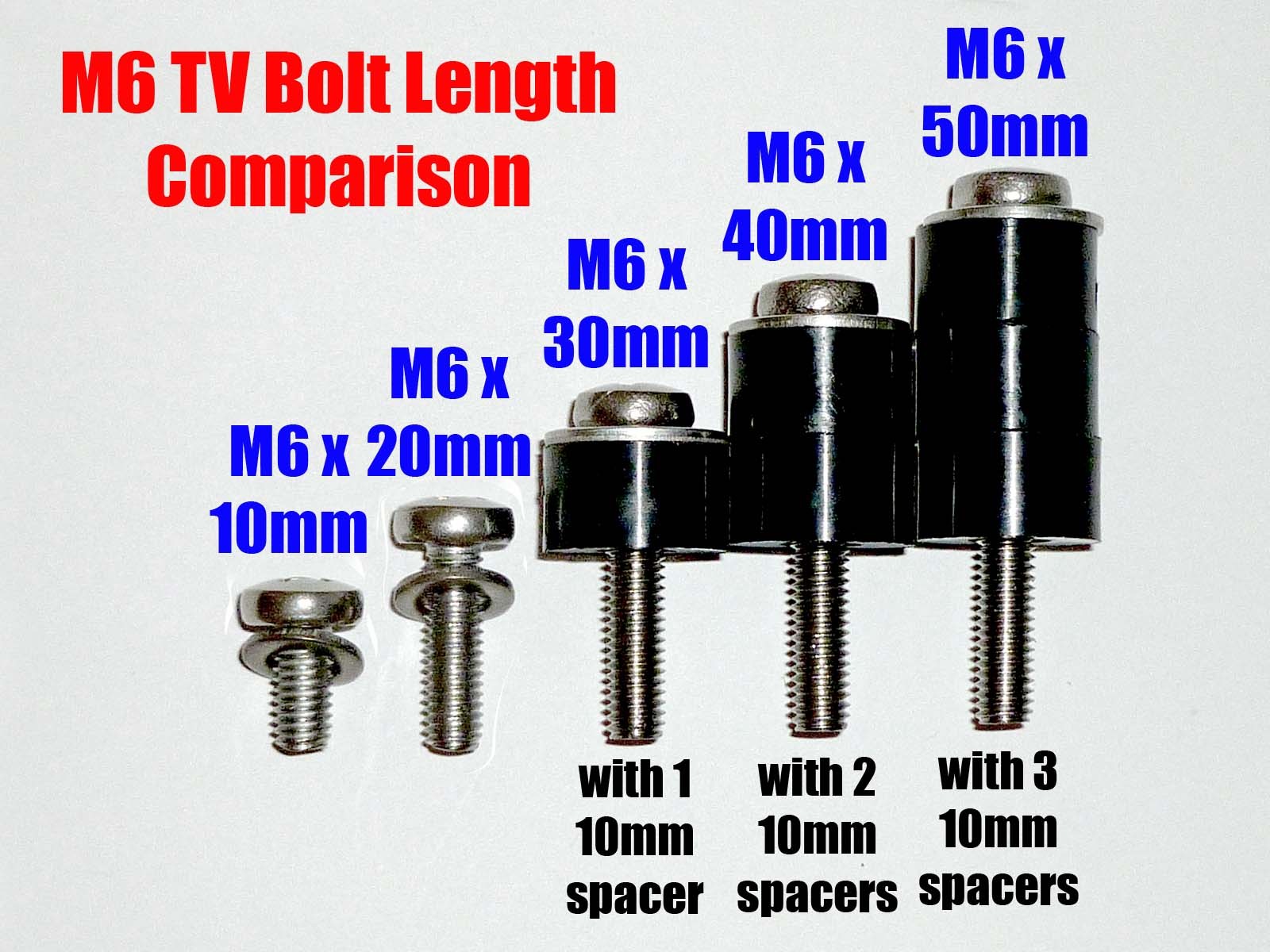 Long M6x30mm TV Wall Bracket to TV Screws or Bolts w/10mm Spacers