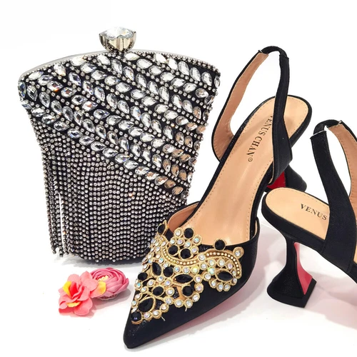 Matching Sandals Lady Shoes Luxury 1 Set Italian Shoes And Bags Rhinestone Shoes - Picture 15 of 24