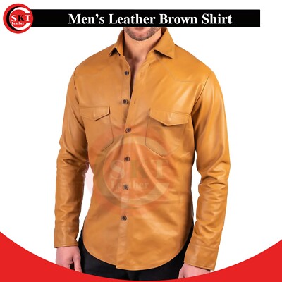 Men's Leather Lambskin Light Brown Button Up Shirt Leather Shirt Slim Fit Shirt