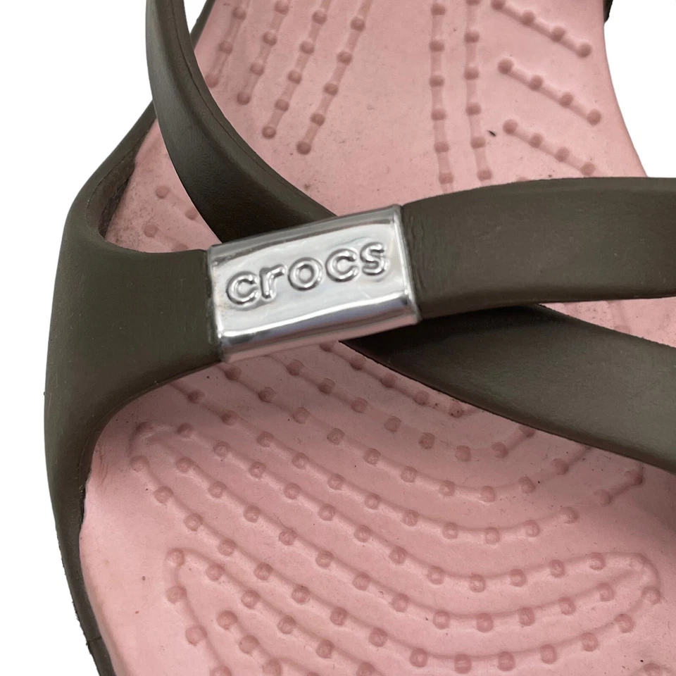 Crocs Cyprus Slip on Heel Sandals Comfort Chocolate Brown Cotton Candy Pink W10 - Image 4 of 4