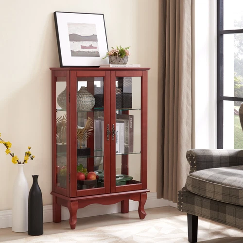 3-Tier Curio Cabinet w/ 2 Tempered Glass Doors,Lighted Display Cabinet for Home - Picture 6 of 38