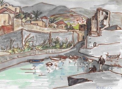 1950s Ivy Attwell Byblos Greece Harbor and Village watercolor