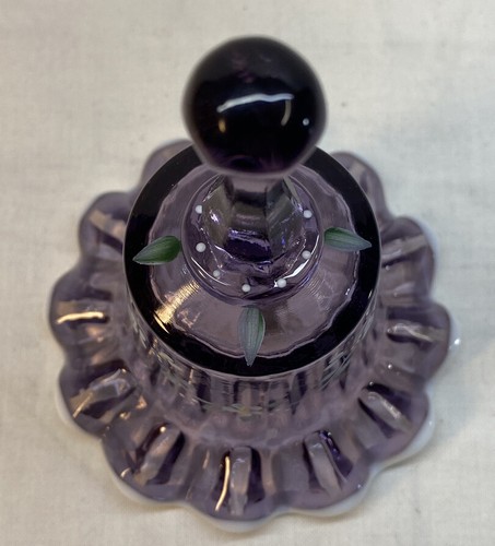 Fenton Art Glass Hand Painted Flowers Violet Milk Crest Bell QVC 2002 Fenton Art Glass Hand Painted Flowers Violet Milk Crest Bell QVC 2002