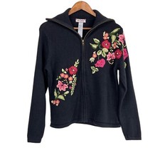 Tiara International Ramie Cotton Black Floral Zip Turtle Neck Sweater Sz Medium