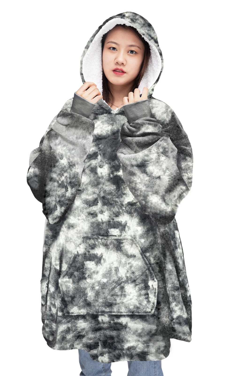 Grey Tie & Dye Soft Outer Flannel Women Oversized Hoodies Sherpa Lined Reverse