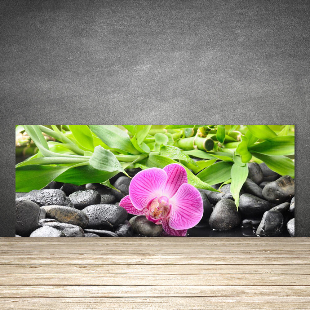 Crédence de cuisine en verre 125x50 cm motif fleurs et pierres