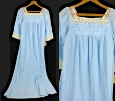 1970s Nightgown Val Mode Blue Flannel Lace Trim Square Neck NEW S Edwardian