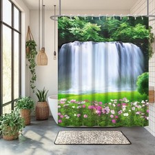 Spring Scenery Shower Curtain Set Decor Forest View Magnificent Waterfall