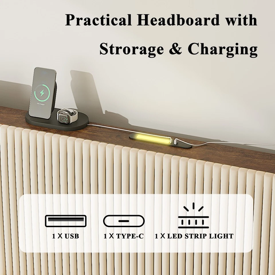 Full Size Platform Bed Metal Bed Frame W Charging Station - Image 3 of 4