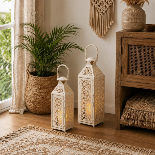 Set of 2 Vintage Candle Lanterns 19"&14''H Moroccan Decorative Metal